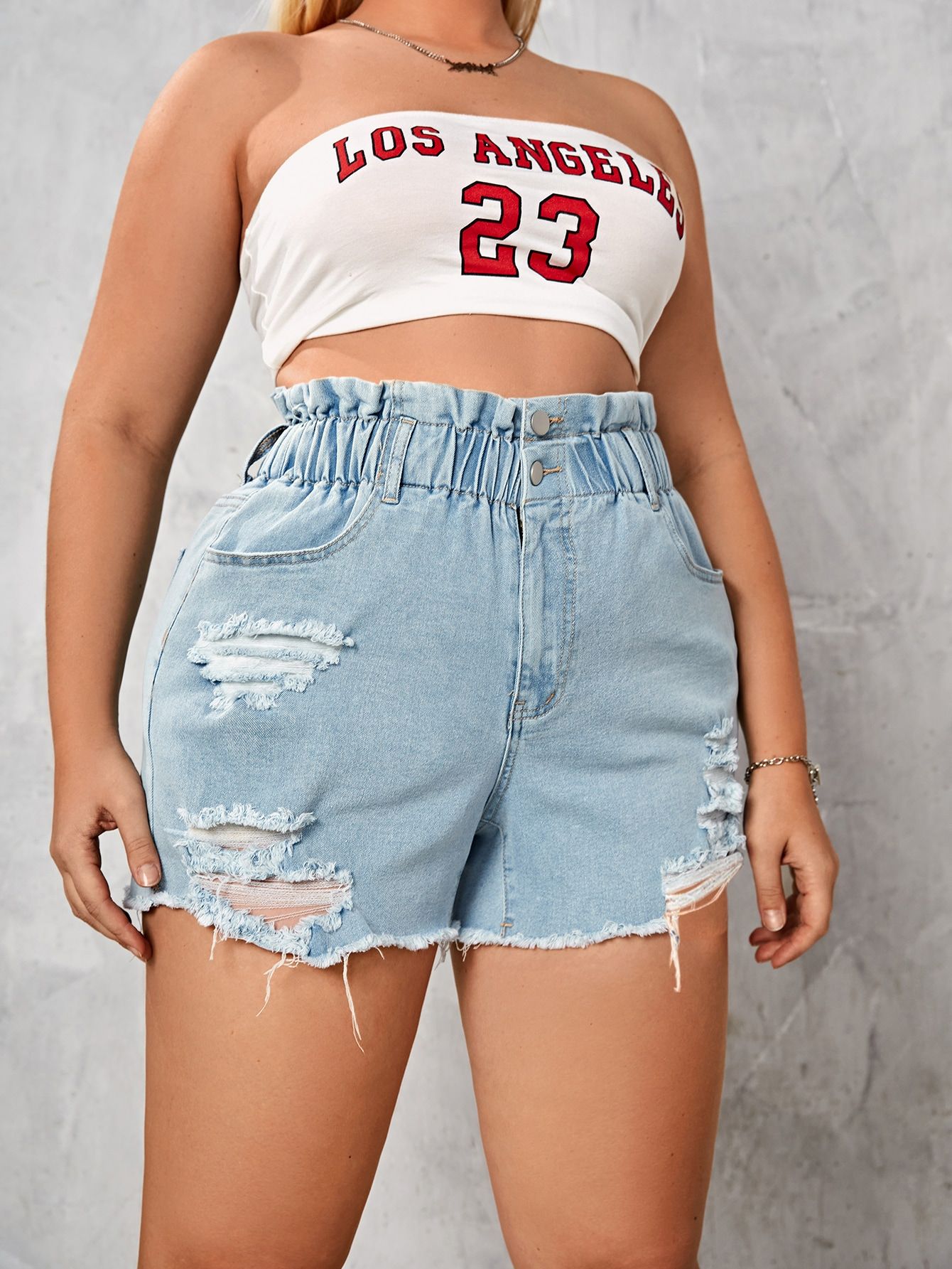 Plus Paperbag Waist Ripped Raw Trim Denim Shorts | SHEIN