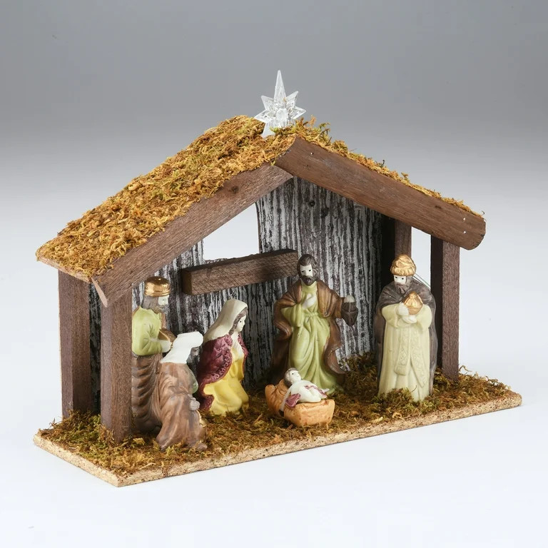 Battery-Operated LED Porcelain Indoor Nativity Scene Set with Wooden Stable, 8 Pieces, by Holiday... | Walmart (US)