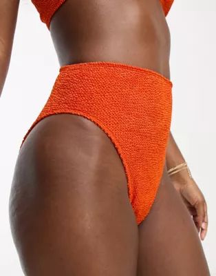 ASOS DESIGN mix and match crinkle high leg high waist bikini bottom in deep orange | ASOS (Global)