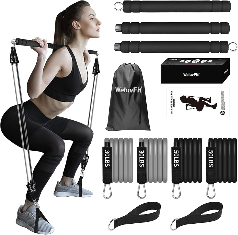 Plates Bar Kit with Resistance Band-Multifunctional Portable Weighted Exercise Pilates Bar, Home ... | Amazon (US)