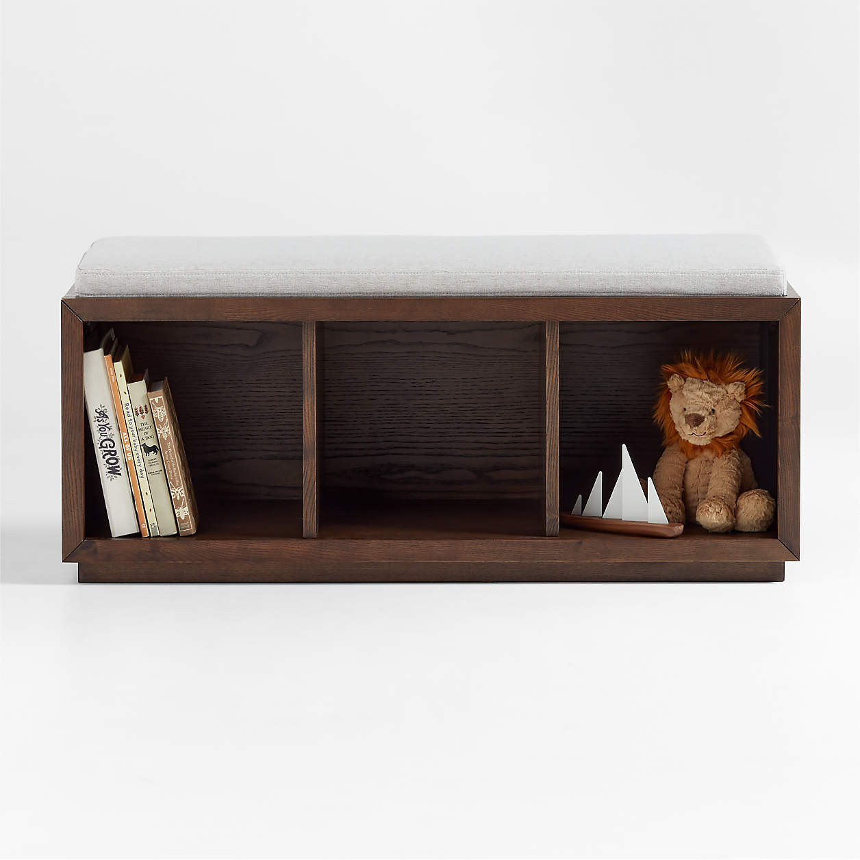 Cade 40" Deep Brown Wood 3-Cube Bookcase Bench with Natural Bench Cushion + Reviews | Crate & Kid... | Crate & Barrel