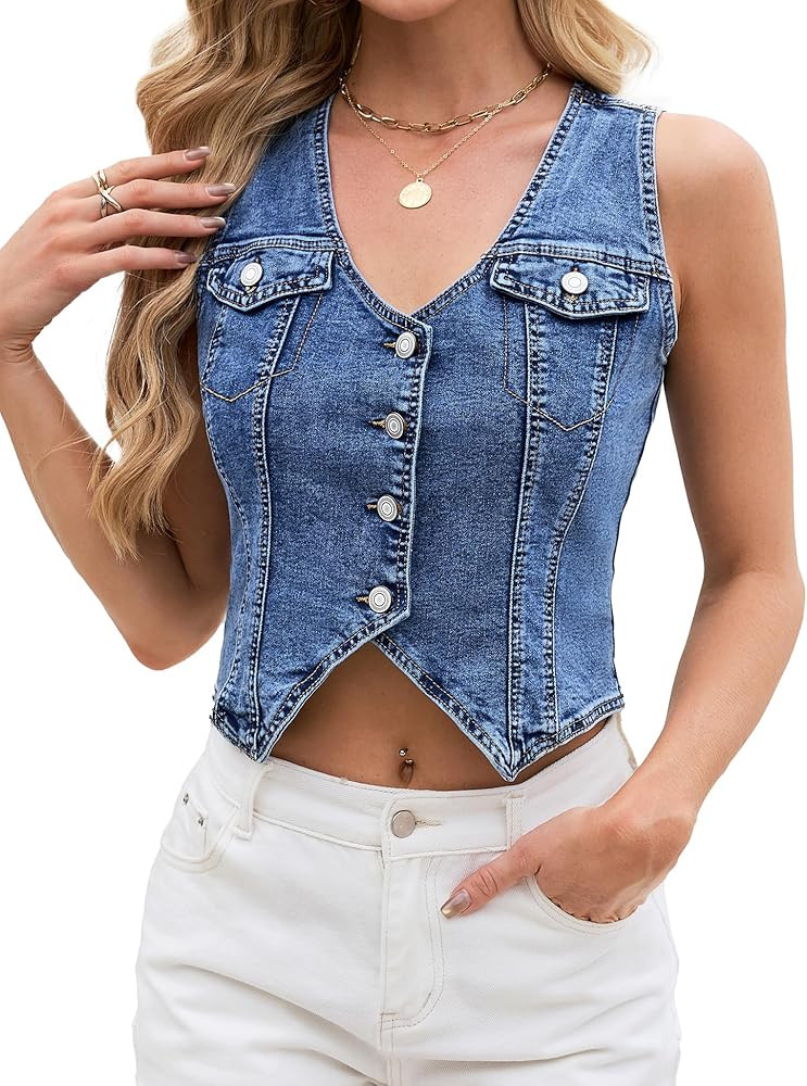 Genhoo Denim Vest Sleeveless Jean Vest Top for Women Button Front V Neck Denim Top for Summer Wes... | Amazon (US)