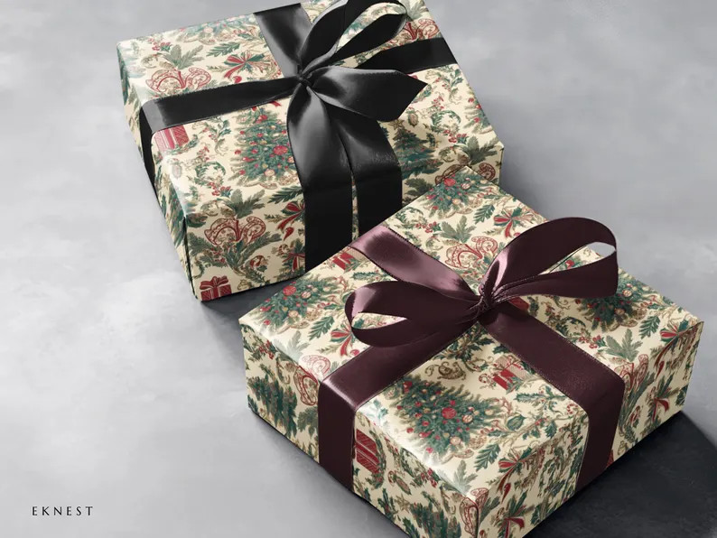 Old European Christmas Vintage Gift Wrap Paper, Cream Holiday Wrapping Paper, Xmas Luxury Premium... | Etsy (US)