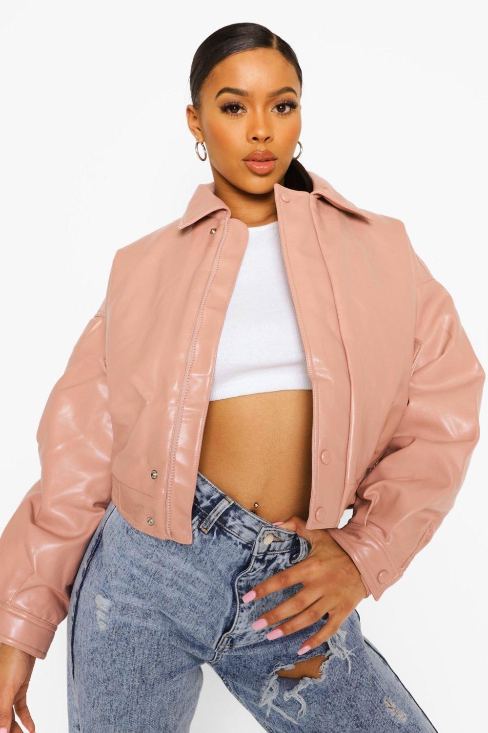 Womens Padded Faux Leather Bomber Jacket - Pink - 8 | Boohoo.com (US & CA)