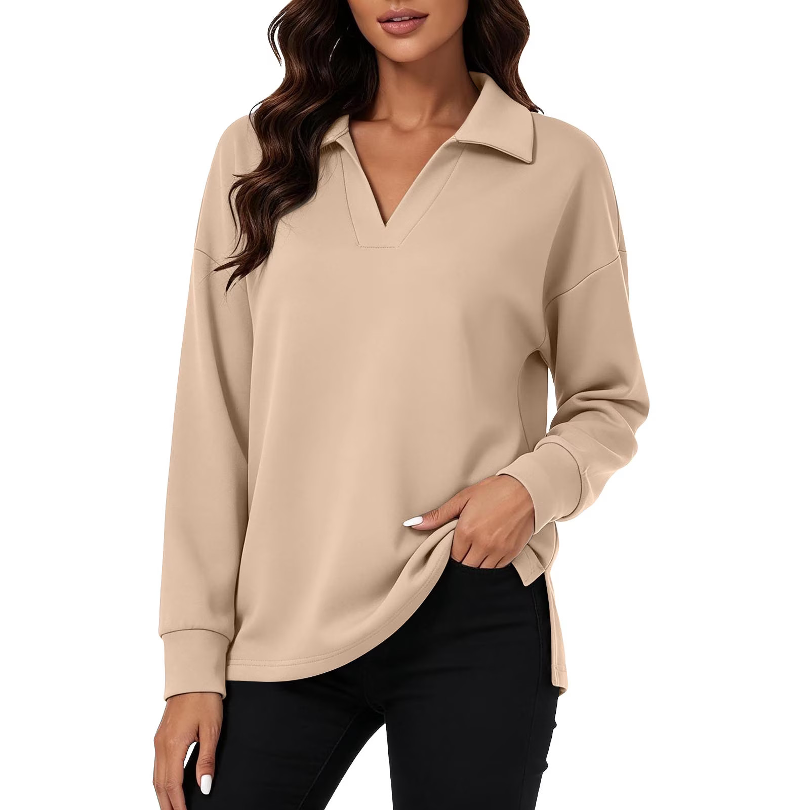 Kukoosong Women's Collared V‑Neck Polo Pullover Tops, Fall Winter Long Sleeve Drop Shoulder Sweatshirt with Side Slit Hem, Loose Casual Work Blouse for Daily Wear - Walmart.com | Walmart (US)