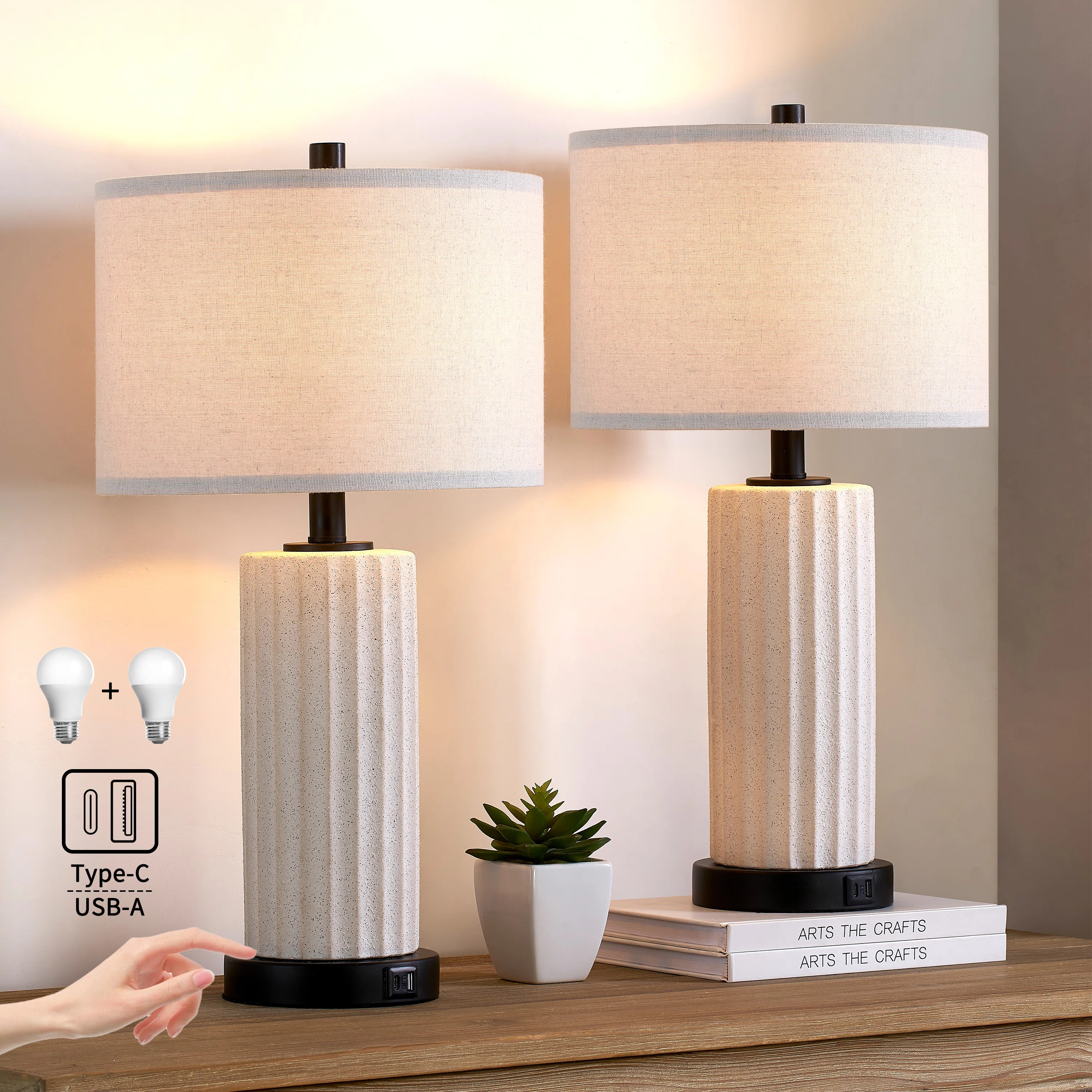 Latitude Run® 23" Ceramics Dimmable Table Lamp Set with Touch Control, USB Ports and Bulbs & Rev... | Wayfair North America