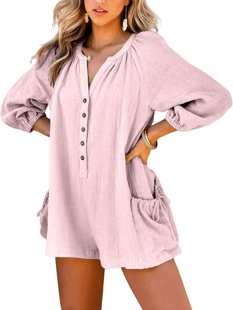 Rxozrxoz Womens 3/4 Sleeve Short Rompers Casual Loose V Neck Button Down One Piece Jumpsuits with... | Amazon (US)