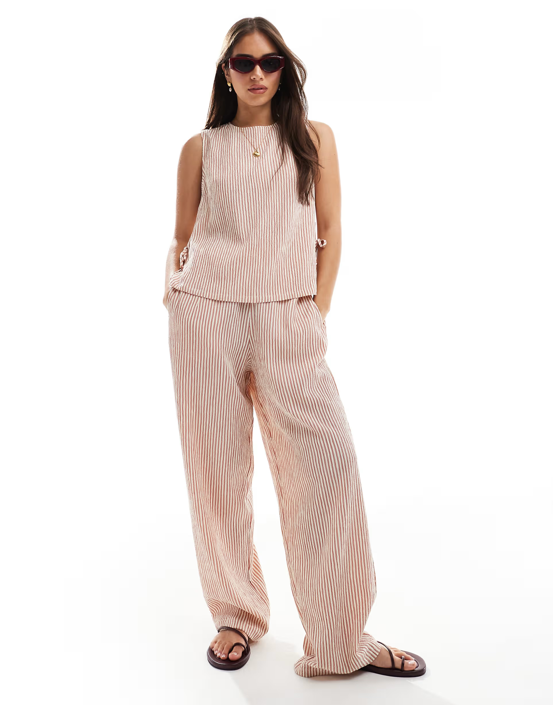 ASOS DESIGN textured pull on straight leg trousers co-ord in rose stripe | ASOS (Global)