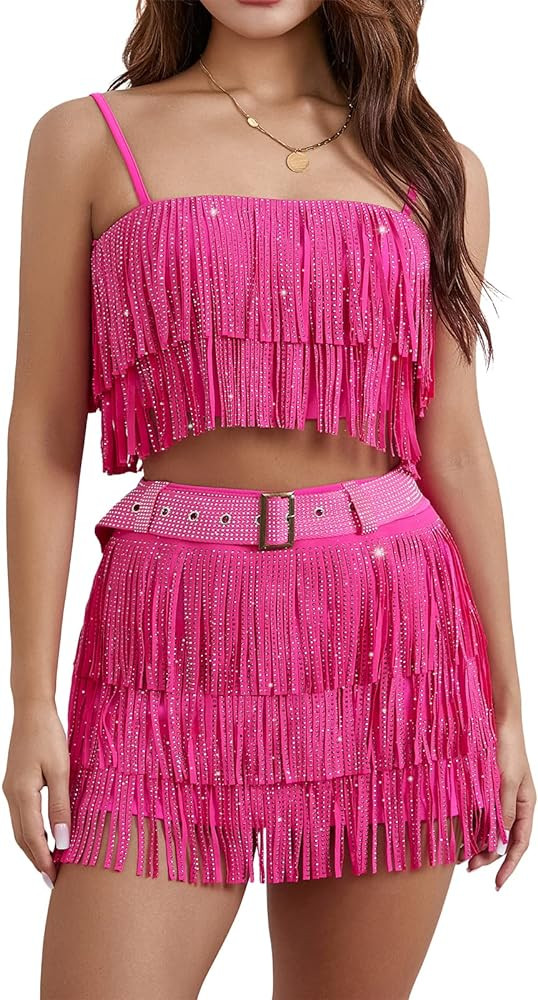 Women's Sexy Sparkly Sequin Feather Tassel Skirt Set Sleeveless Fringe Skirt and Top Set 2 Piece ... | Amazon (US)
