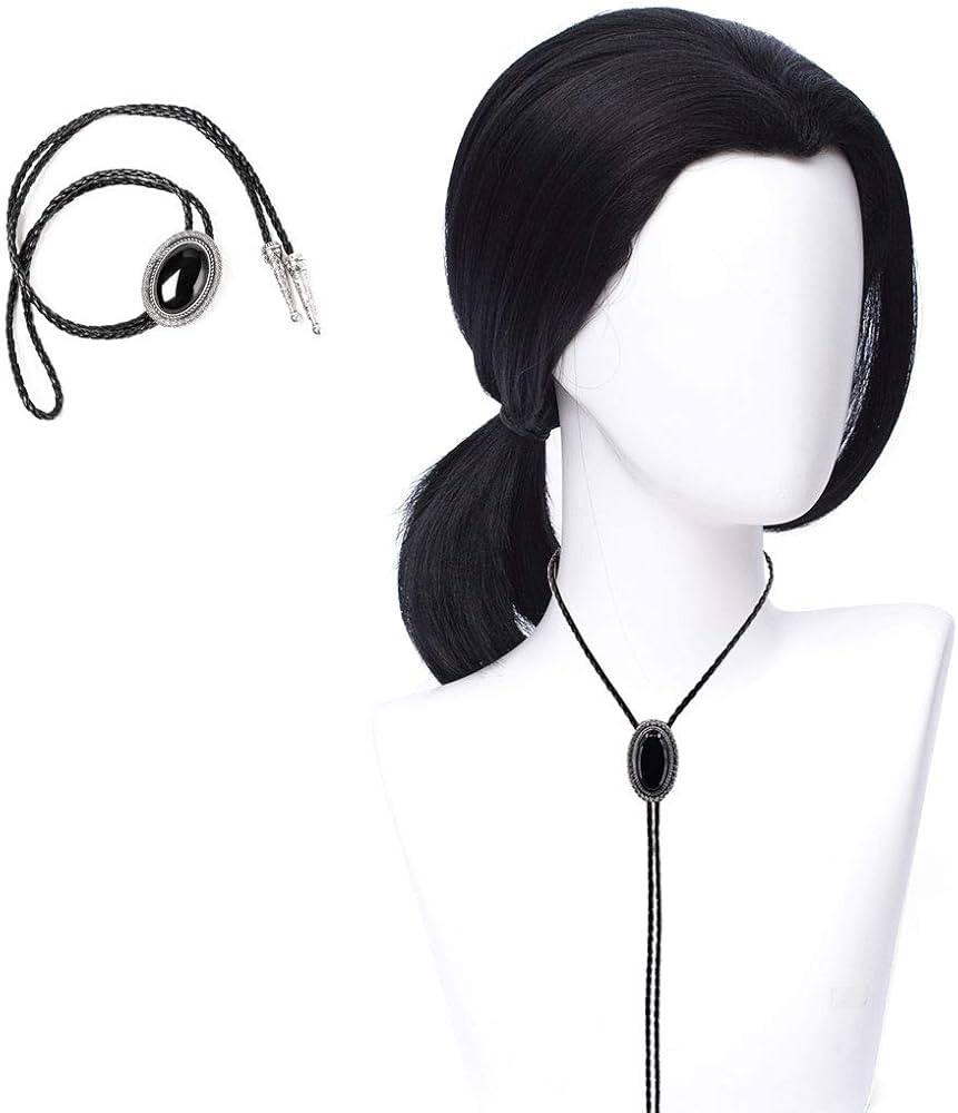 QACCF Mens 70s hippie Short Straight Black Vincent Vega Costume Wig with Widows Peak + 1 Bolo Tie | Amazon (US)