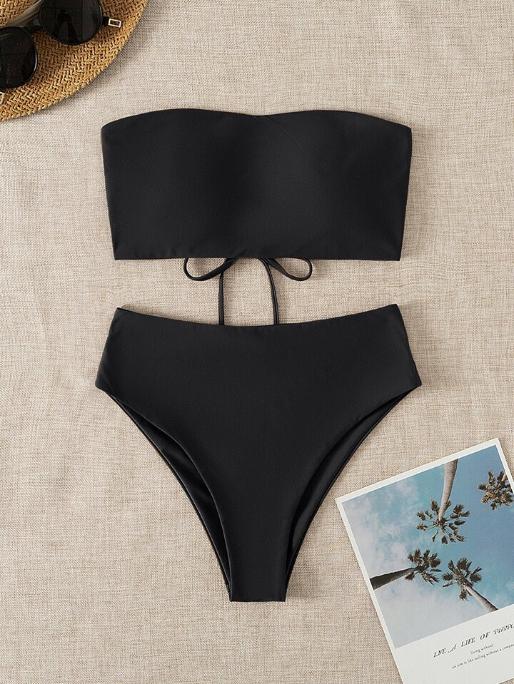 Solid Bikini Set Lace Up Back Reversible Tube Bra & High Waisted Bottom 2 Piece Bathing Suit | SHEIN