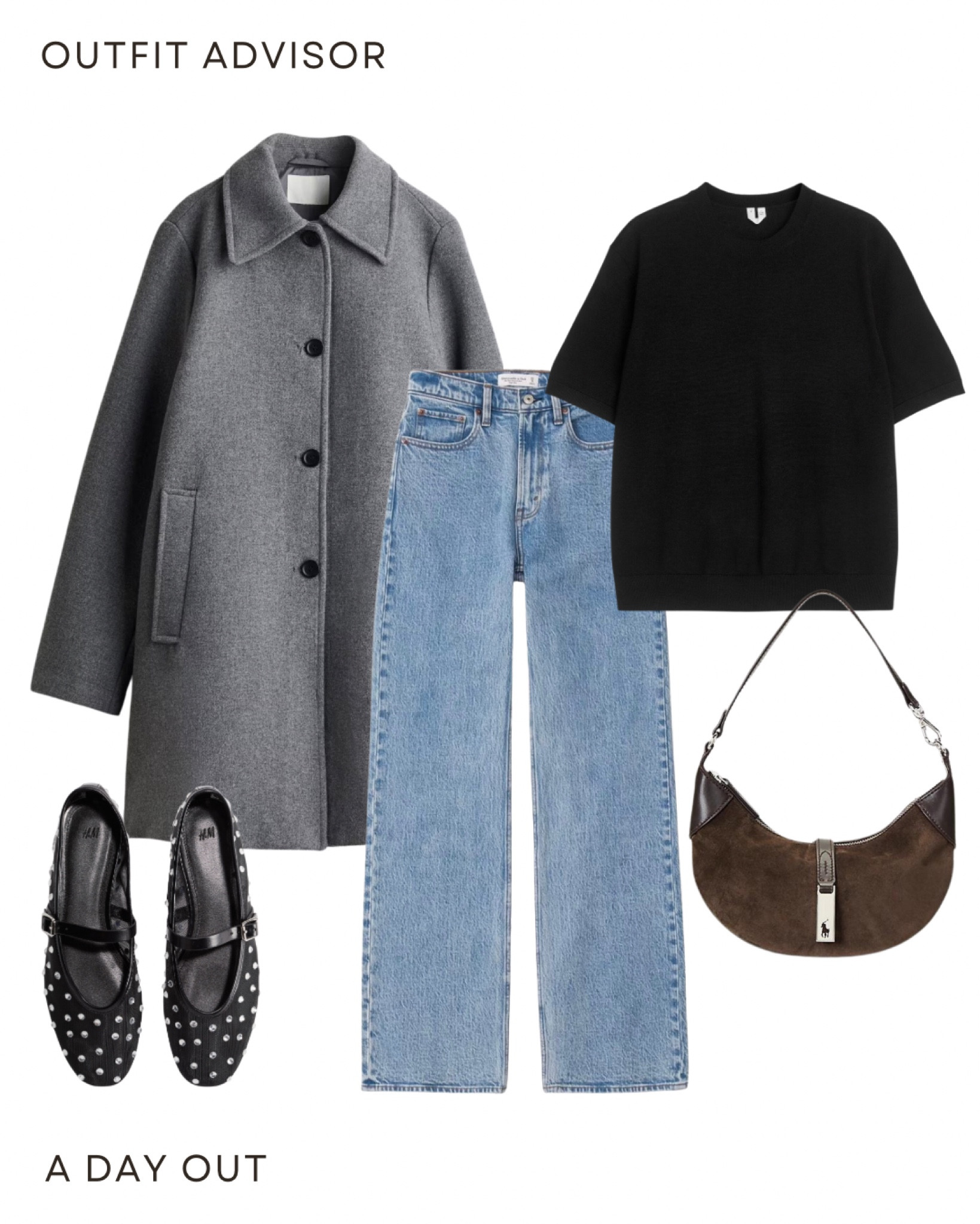 A knee length grey coat, short sleeve black knit top, jeans, ralph lauren suede brown shoulder bag and mesh studded flats

#LTKshoes #LTKstyletip #LTKautumn