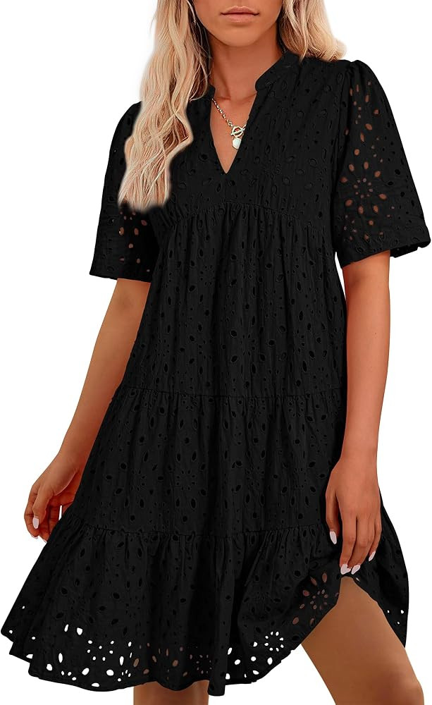 BTFBM Womens Boho Summer Dresses 2025 Resort V Neck Short Sleeve Hollow Out Lace Ruffle Casual Be... | Amazon (US)