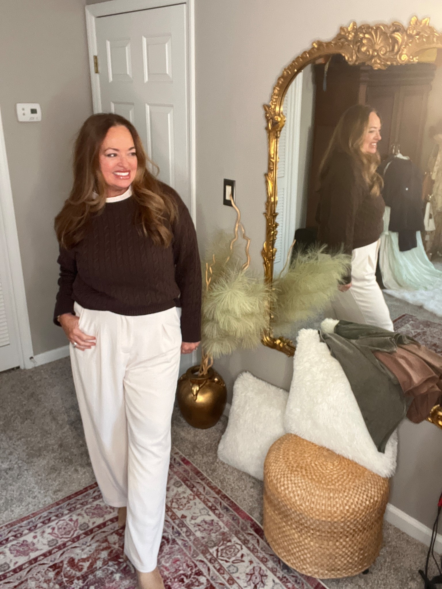 100 percent cotton cable knit crew nick sweater with drapey Ivory trousers . 

#LTKWorkwear #LTKootd #LTKgrwm