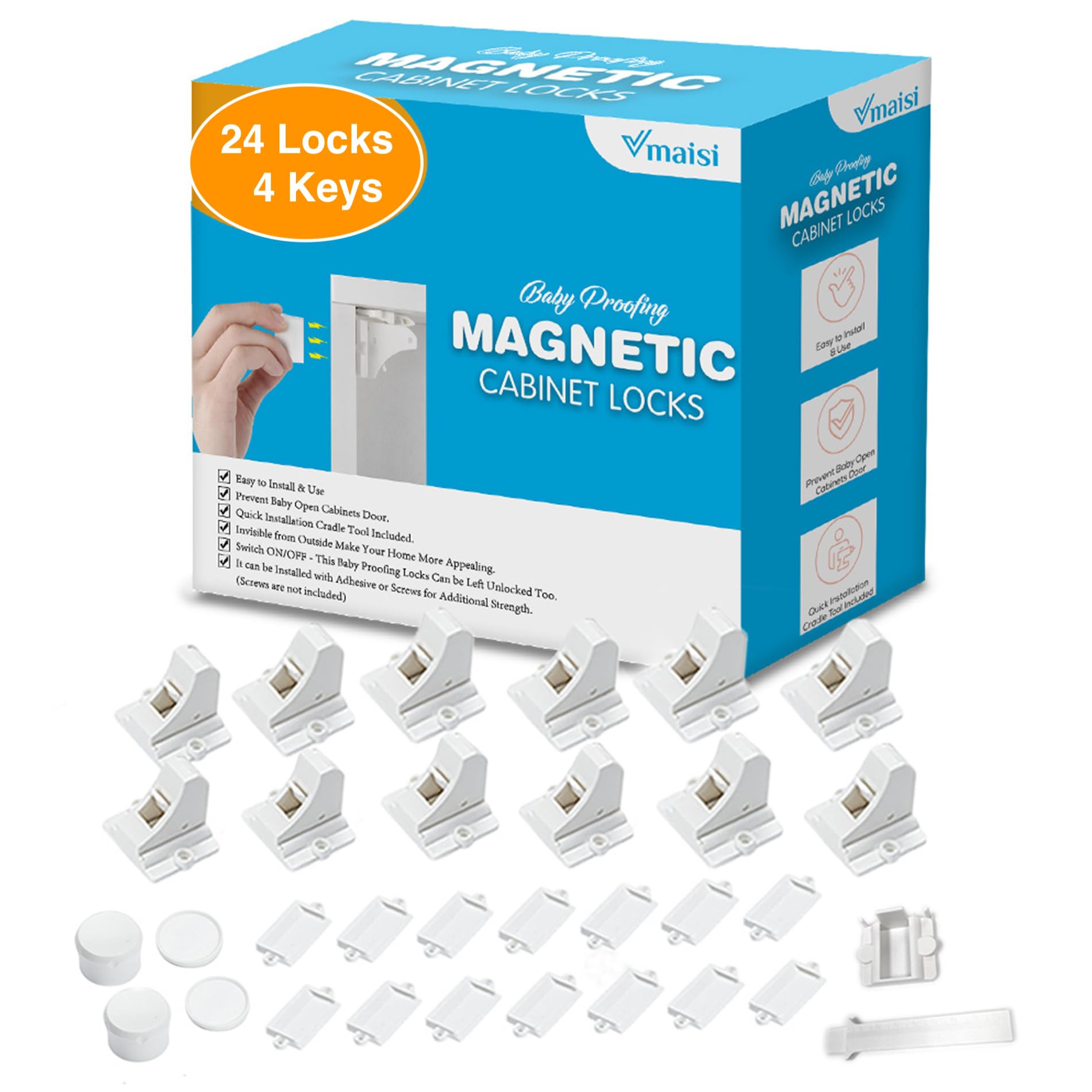 Vmaisi Adhesive Magnetic Locks for Cabinets & Drawers (24 Pack and 4 Keys + Cradle) | Amazon (US)
