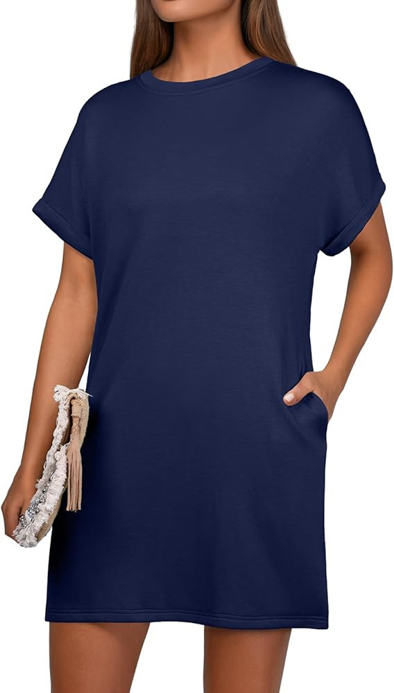 GRECERELLE Women's Summer Short Sleeve Tee Shirt Dress Crew Neck Casual Mini Sundress with Pocket... | Amazon (US)