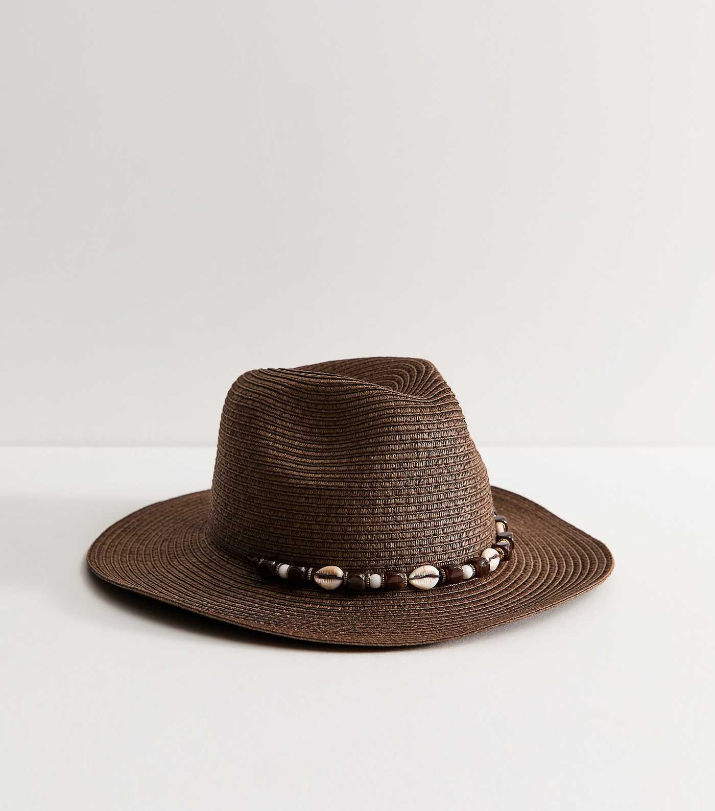 Dark Brown Beaded Shell Trim Straw Fedora Hat | New Look | New Look (UK)