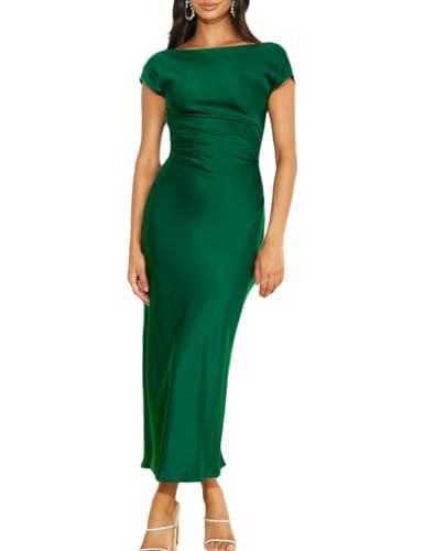 2025 Satin Cap Sleeve Cowl Back Summer Dresses for Women Elegant Ruched Waist Wedding Guest Midi Dress Green | Amazon (US)