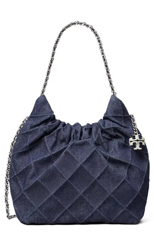 Tory Burch Mini Fleming Quilted Denim Hobo Bag in Blue at Nordstrom | Nordstrom