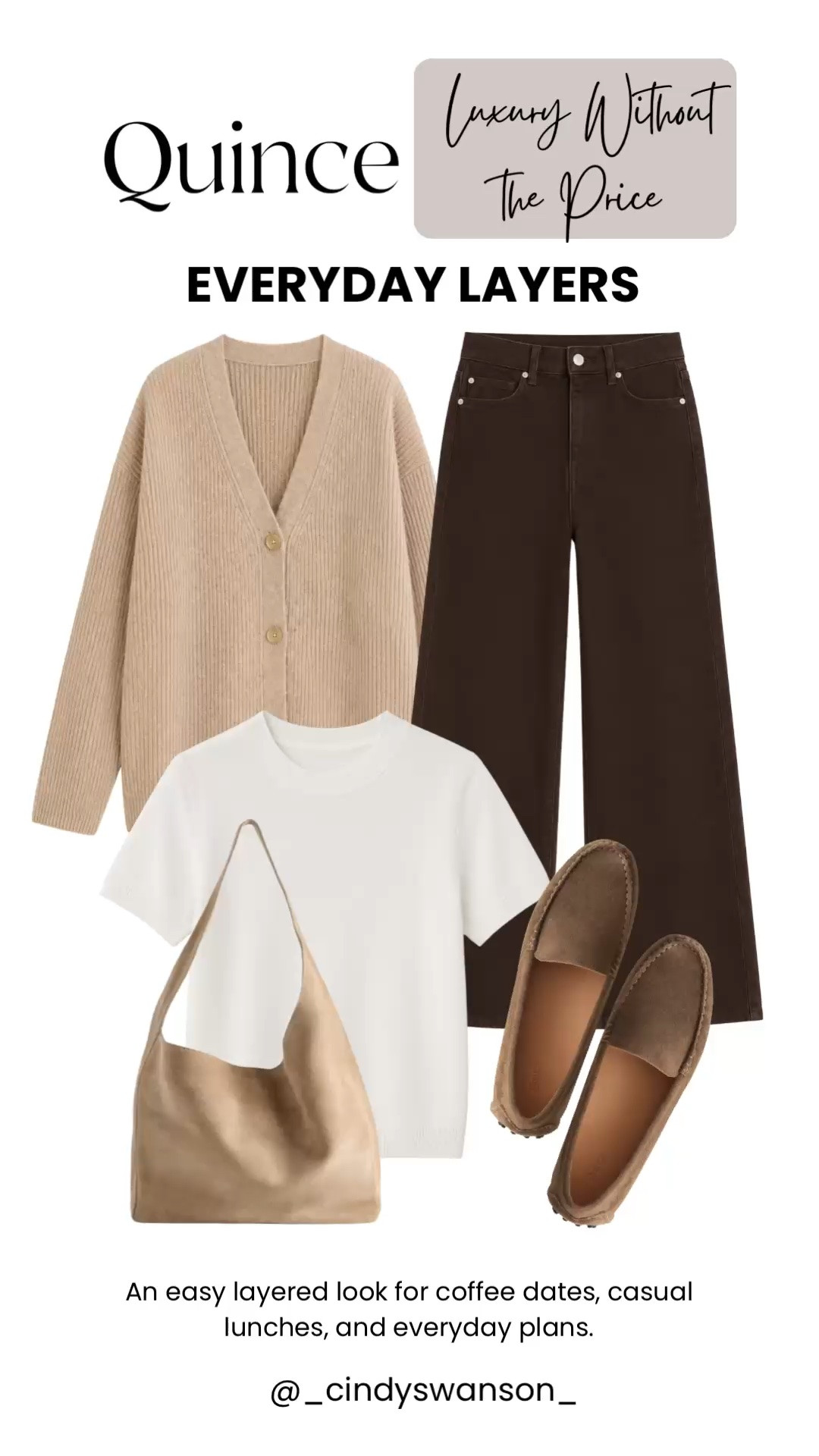 These Quince everyday layers make a great foundation for a polished, comfortable wardrobe. The soft cardigan, ivory knit tee, chocolate brown jeans, suede loafers, and neutral shoulder bag work beautifully together—and each piece is easy to mix into the rest of your closet.

💡 LTK MADE EASY
❤️ Heart = Support my posts!
🔖 Save = Get sale & restock alerts
📋 Lists = Keep favorites organized
📲 Share = Send lists and products to a friend. Hello, Christmas List!
💬 Comment = Ask me anything about what I’m wearing. :-)

#LTKootd #LTKSeasonal #LTKOver40