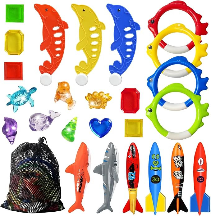 Jasonwell Pool Diving Toys Games - 25PCS Swimming Pool Toys with Dive Sticks and Rings Underwater... | Amazon (US)