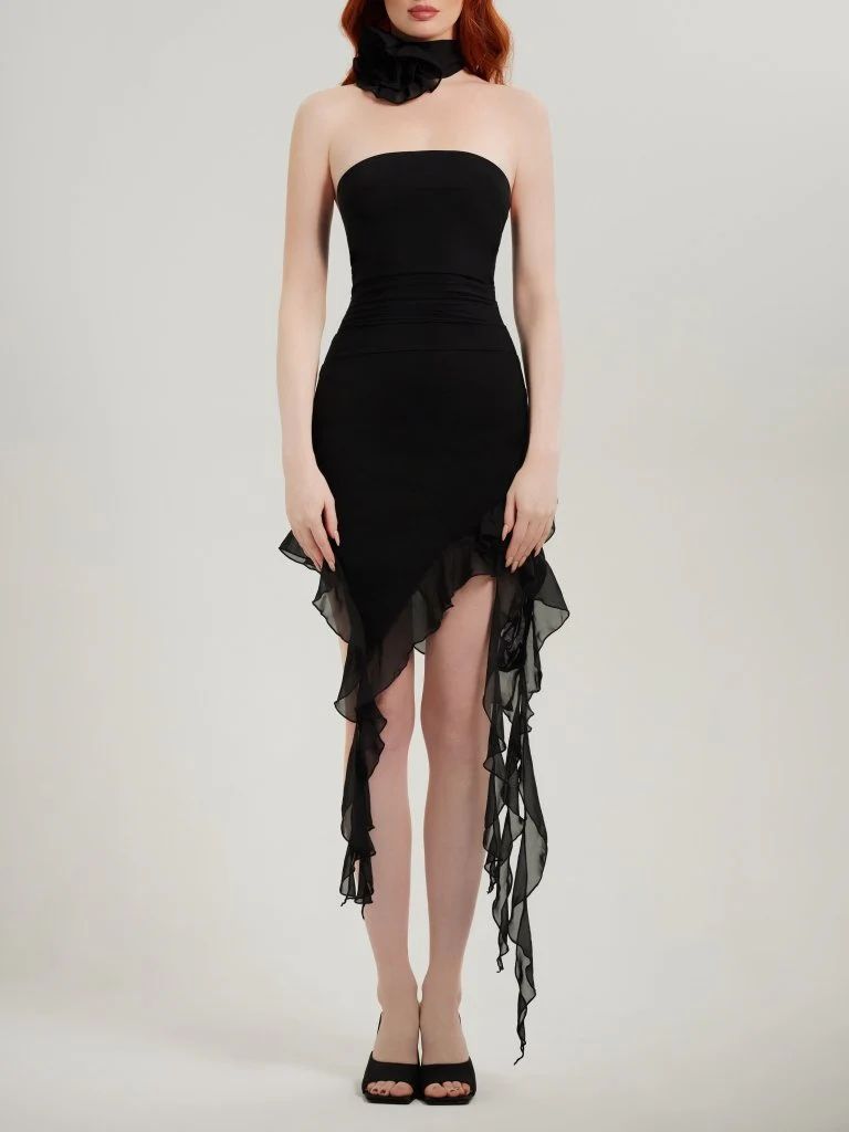 Black strapless mesh ruffle mini dress with flower choker | Heiress Beverly Hills