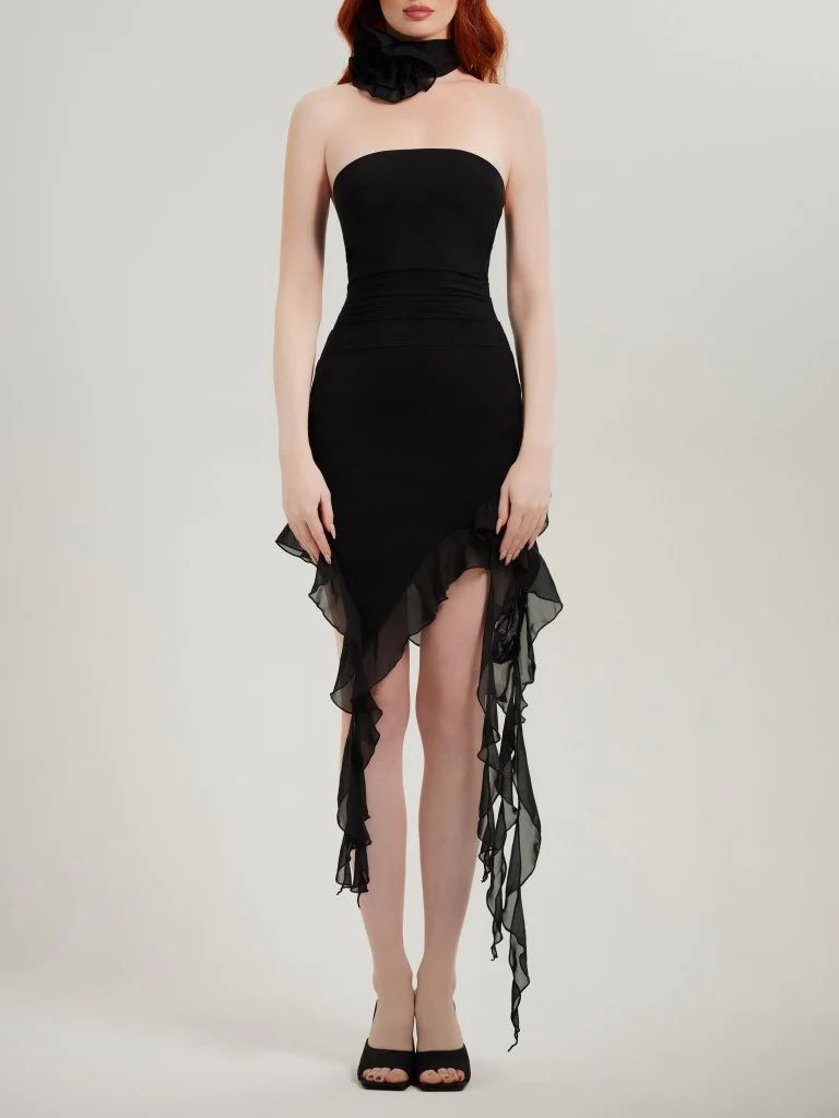 Black strapless mesh ruffle mini dress with flower choker | Heiress Beverly Hills