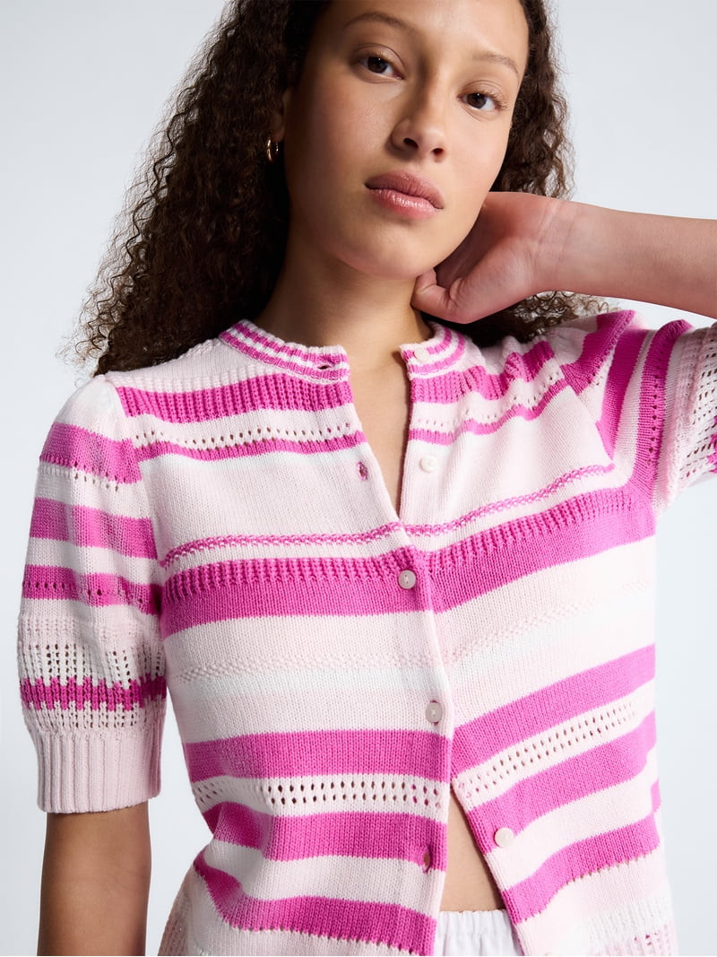 Free Assembly Women's Textured Stripe Cardigan Sweater with Short Puff Sleeves, Lightweight, Size... | Walmart (US)