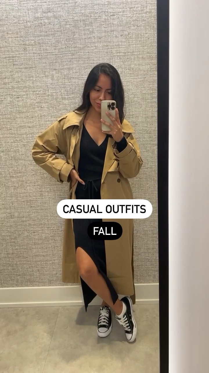 Fall style must haves: trench coat, ribbed long sleeve dress, graphic sweatshirt, slacks, converse
