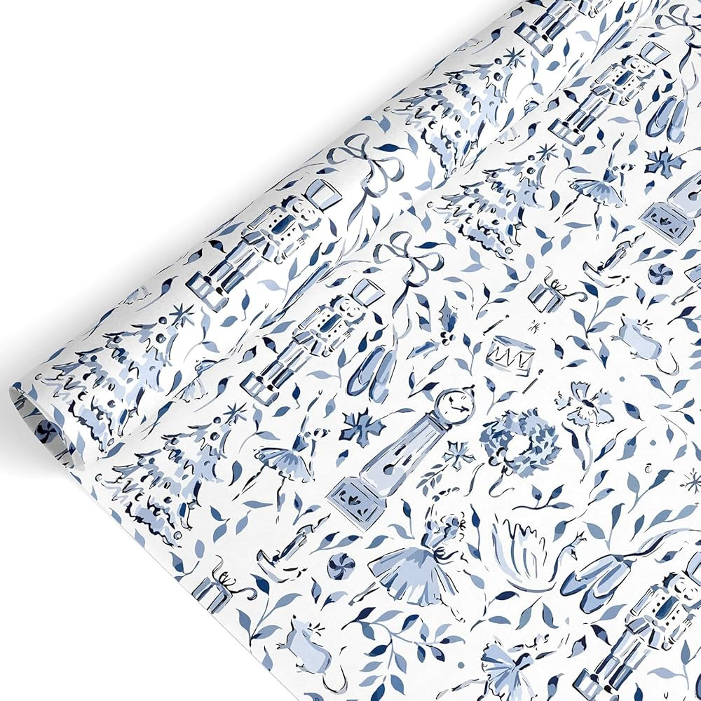 JarThenaAMCS Christmas Wrapping Paper - Mini Roll - 17 Inch x 32.8 Ft Blue Xmas Tree Nutcracker G... | Amazon (US)