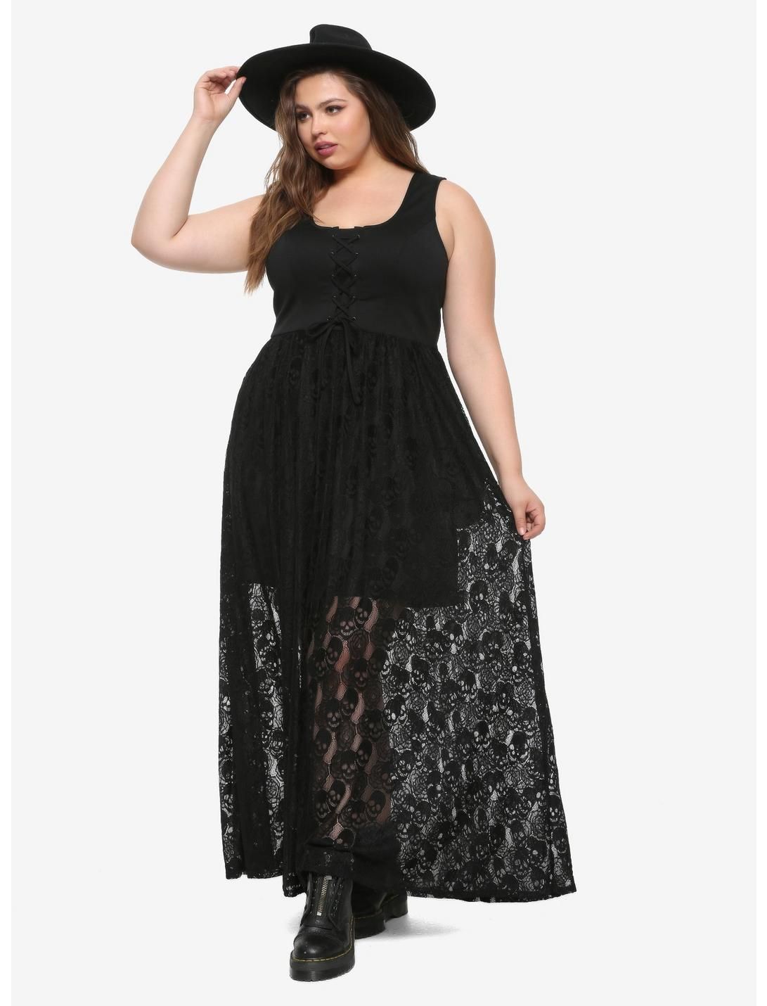 Black Lace-Up Skull Lace Maxi Dress Plus Size | Hot Topic