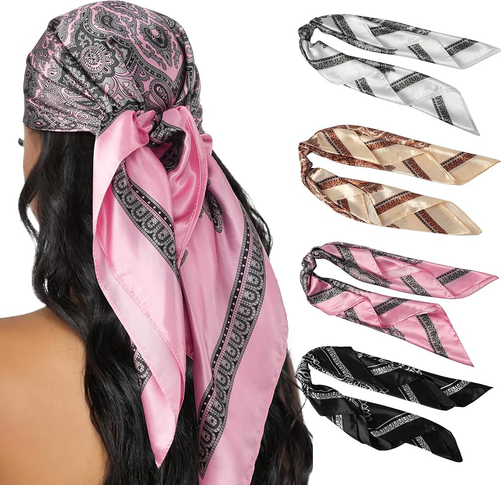 HBselect 4PCS Head Scarf for Women 35\u201d Head Scarves Silk Like Satin Neck Scarfs Square Banda... | Amazon (US)