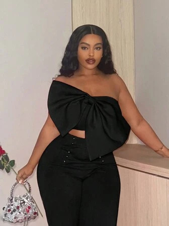 SHEIN Privé Plus Size Black Silky Blouse  Spring And Summer  Her Lines  With Bow Tie In The Fron... | SHEIN