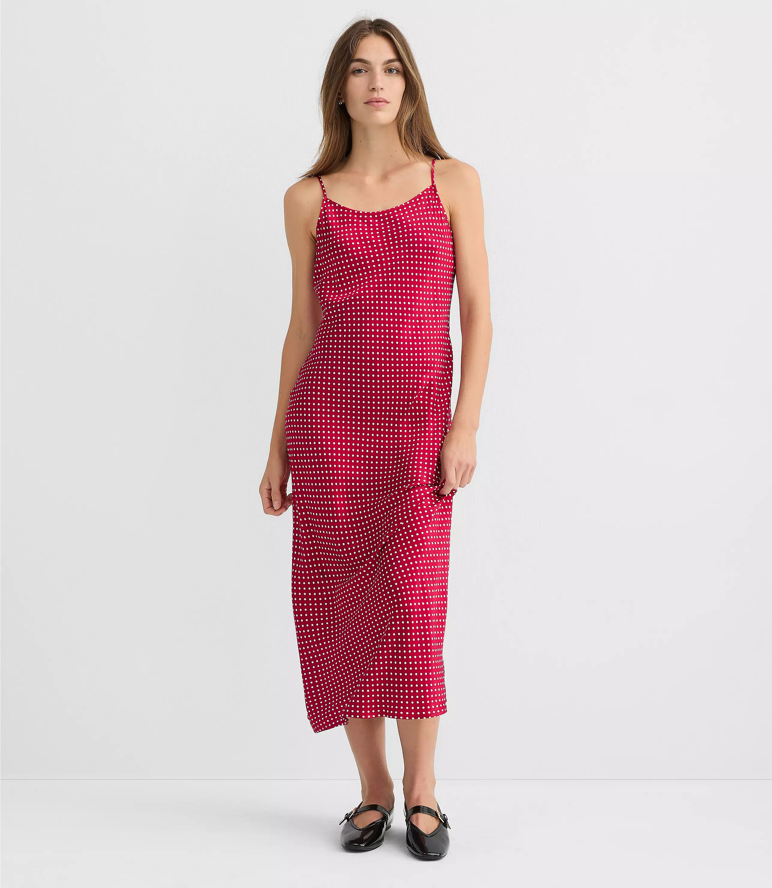 Tall Dotted Satin Strappy Bias Midi Dress | LOFT