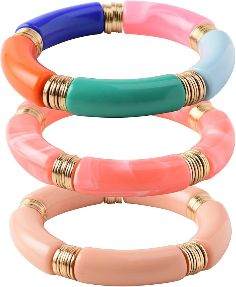 GOOJIDS Simple Beaded Bangles Bracelet Chunky Bamboo Tube Curved Stacking Clear Acrylic Colorful ... | Amazon (US)