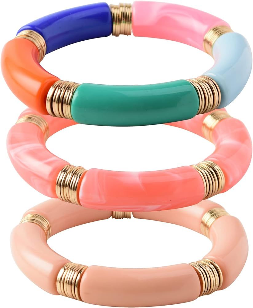 GOOJIDS Simple Beaded Bangles Bracelet Chunky Bamboo Tube Curved Stacking Clear Acrylic Colorful ... | Amazon (US)