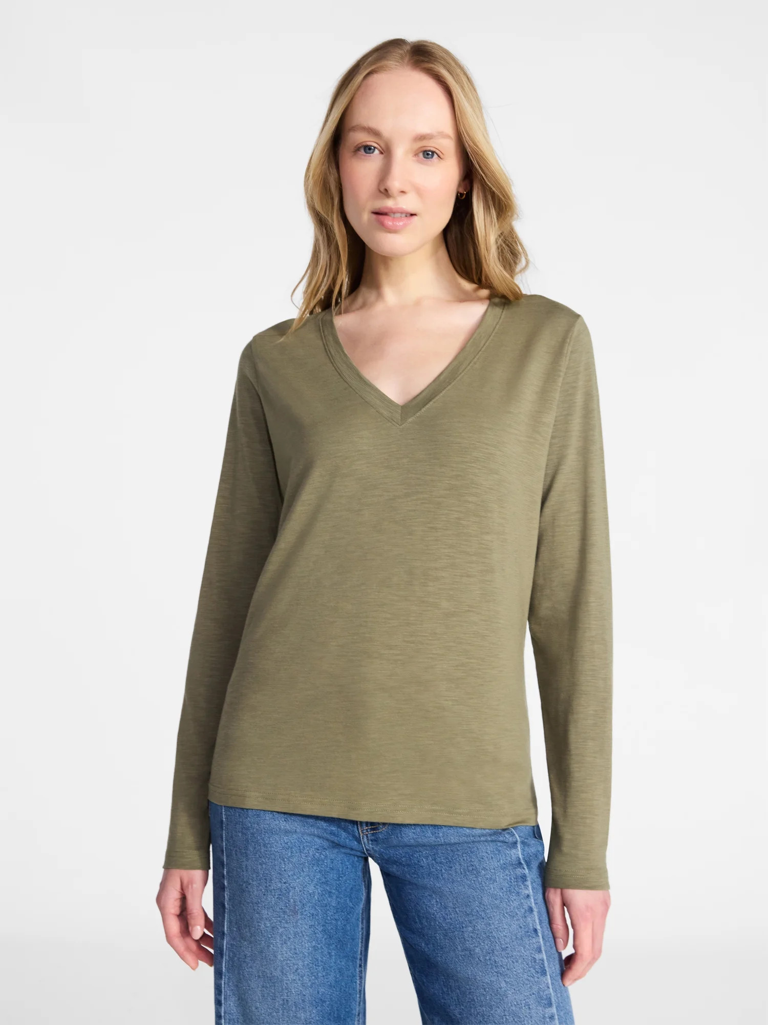 Time and Tru Women's Slub V-Neck Tee with Long Sleeves, Sizes XS-XXXL | Walmart (US)