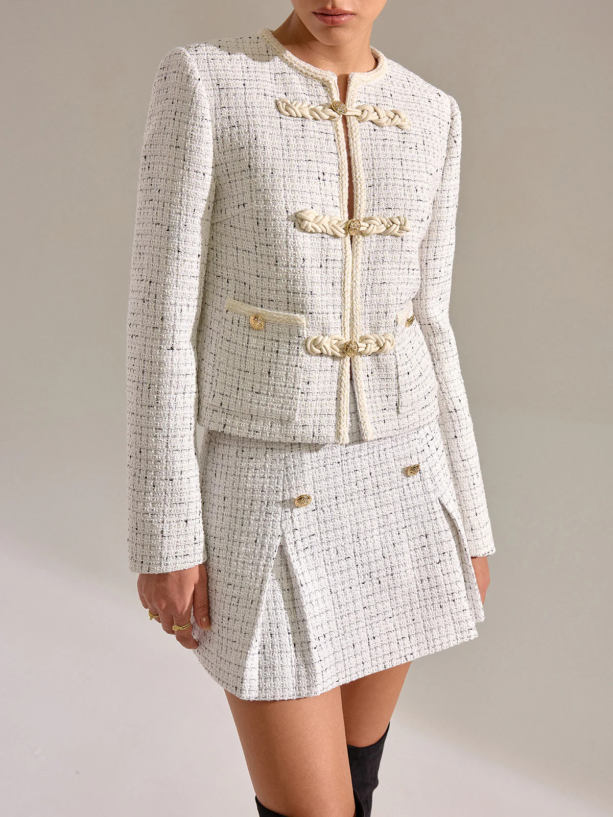 Metal Detail Knot Button Tweed Jacket | Commense