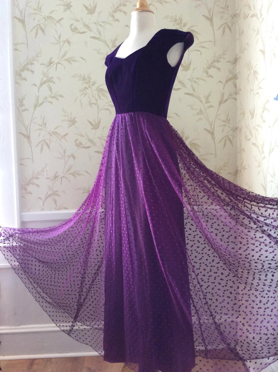 1970s Vintage Full Sweep PURPLE VELVET & Net Polka Dot Holiday Party Maxi Dress | Etsy (US)