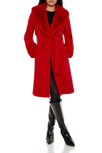 Faux Fur-Trim Faux Suede Wrap Coat | Forever 21