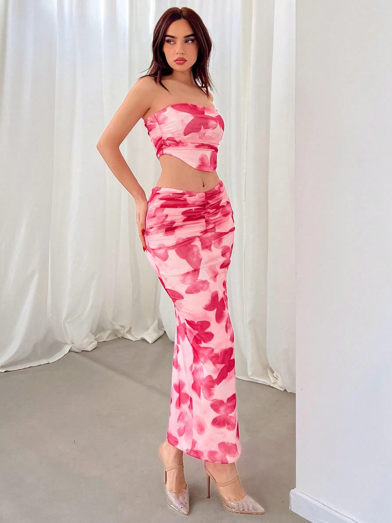 SHEIN Privé Women's Valentine's Day Butterfly Full Print Tube Top And Mermaid Skirt Set Suitable... | SHEIN