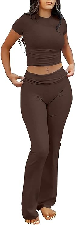 ANRABESS Lounge Sets for Women 2 Piece Foldover Yoga Flare Leggings Pants Crop Tops Casual Y2K Ou... | Amazon (US)