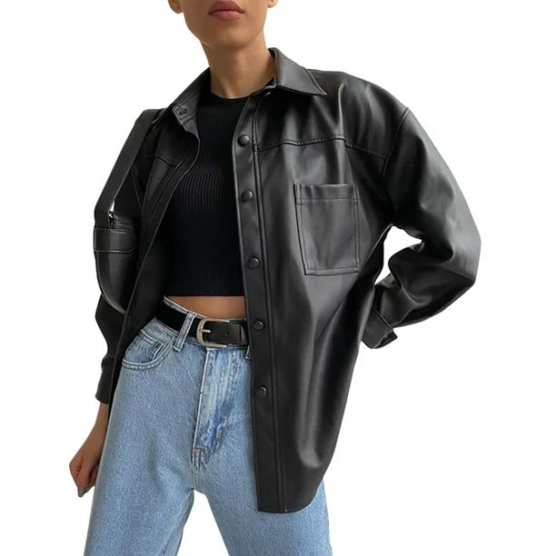 Celmia Women Long Sleeve Pocket PU Leather Bomber Coats Jackets - Walmart.com | Walmart (US)