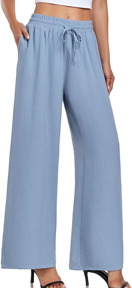 Women's Casual Pants Loose Fit Palazzo Pant Elastic Waisted Drawstring Tie Knot Trousers with Sid... | Amazon (US)