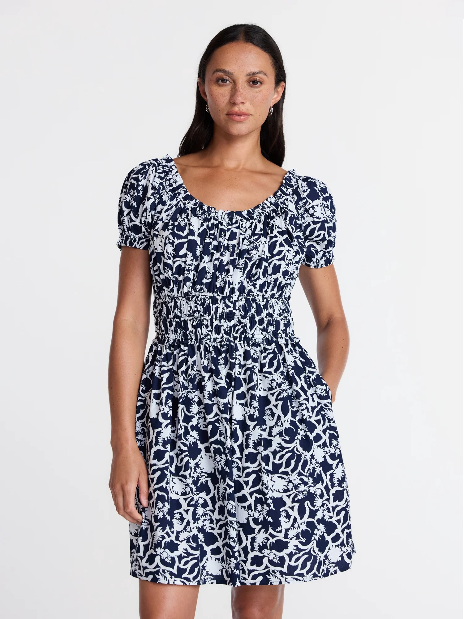 Time and Tru Women's and Women's Plus Cotton Peasant Mini Dress With Puff Sleeves, Sizes XS-4X | Walmart (US)