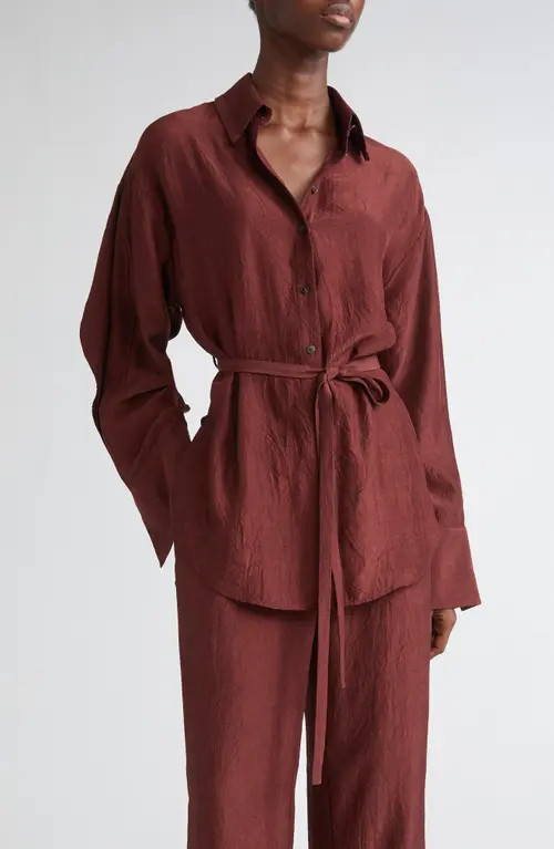 Jason Wu Collection Oversize Belted Crinkled Satin Button-Up Top in Medjool at Nordstrom, Size Medium | Nordstrom
