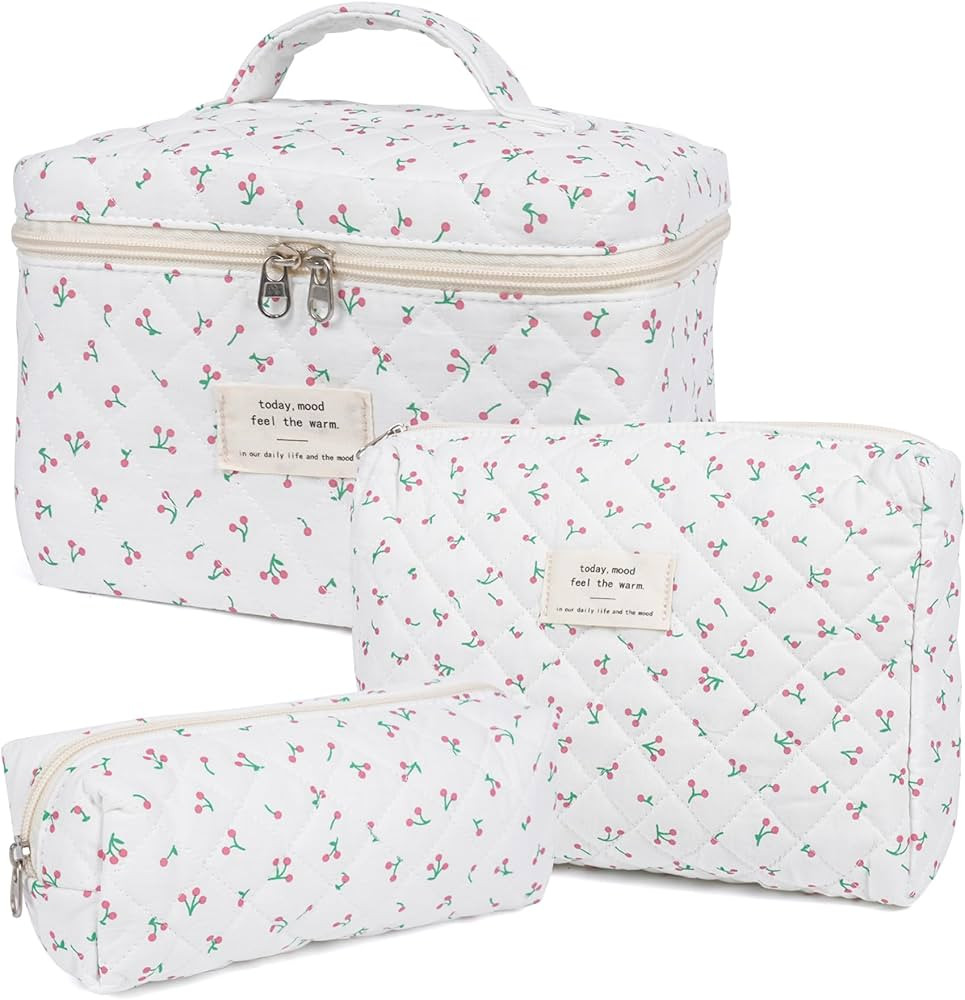 Makeup Bag,Quilted Cosmetic Bag,Large Floral Make Up Bag for Women,Cotton Makeup Bag Set,Flower T... | Amazon (US)