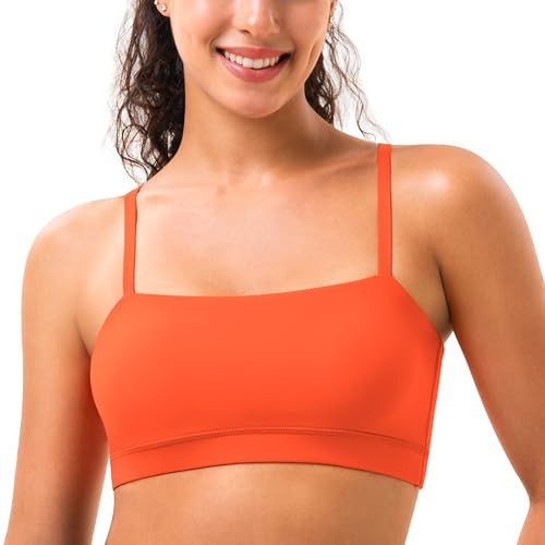 YUNOGA Womens Adjustable Spaghetti Thin Strap Sports Bra Square Neck Padded Wireless Workout Yoga Bra (XS, Vermillion Orange) | Amazon (US)