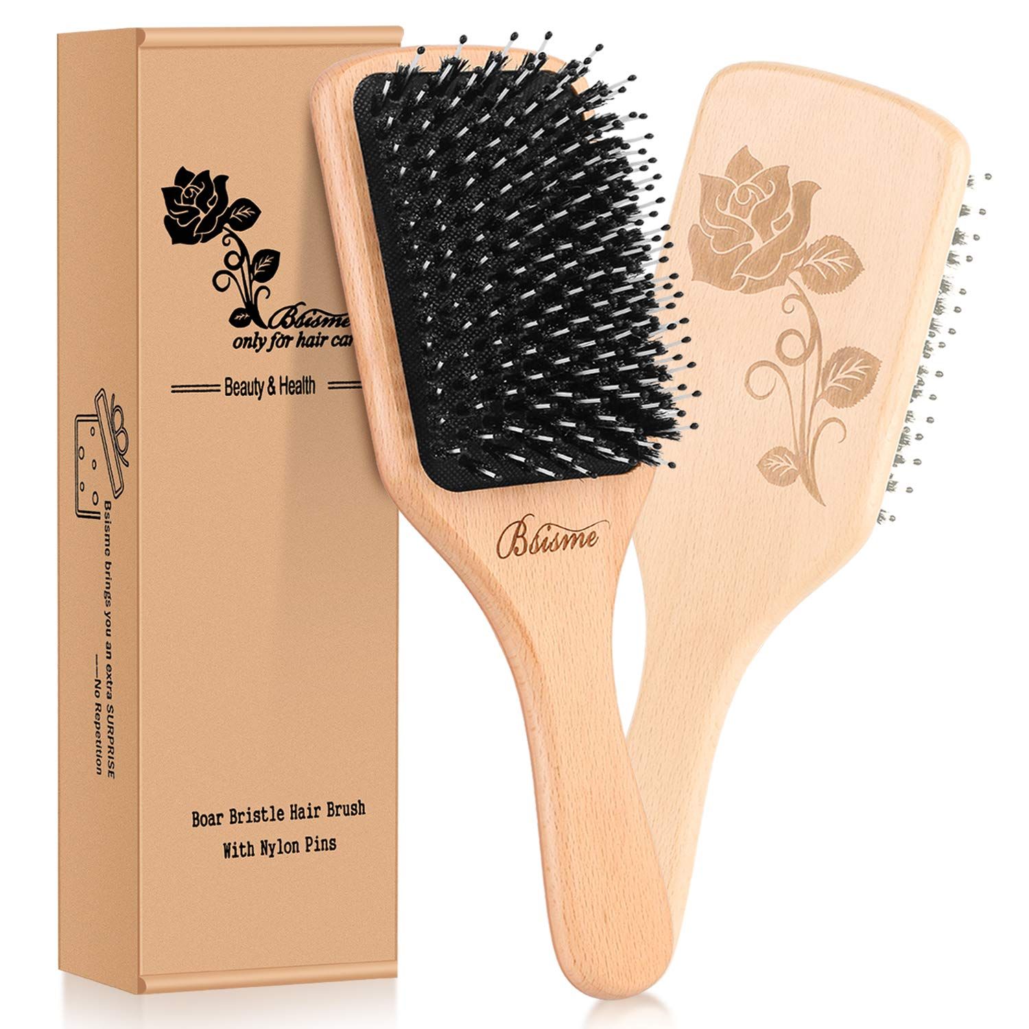 Bsisme Hair Brush-Boar Bristle Hairbrush with Detangling Pins Wooden Paddle Detangler Hairbrush f... | Amazon (US)