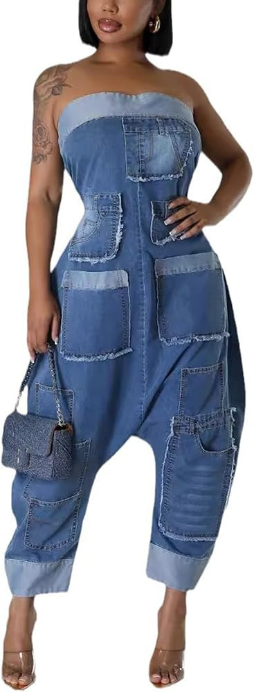 Strapless Denim Jumpsuit for Women, Casual Cargo Multi Pockets Loose Baggy Wide Leg Patchwork Jea... | Amazon (US)